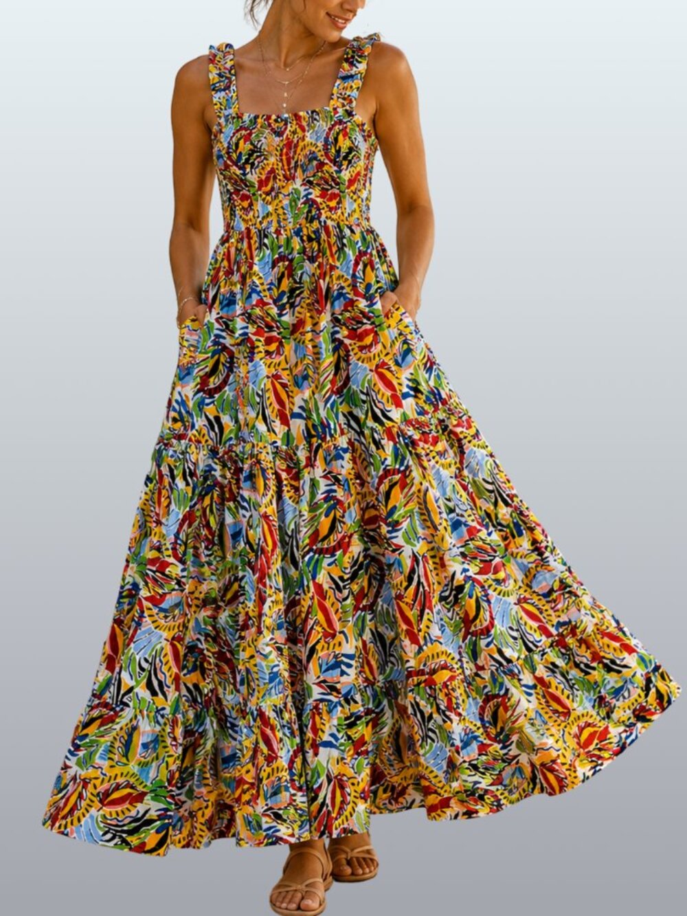Tropical Botanical Smocked Tiered Maxi Dress Pockets S Resort Boho Vacation NWOT